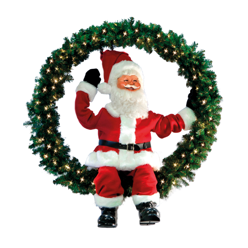 0405-A - santa claus sitting in a fir wreath w lights