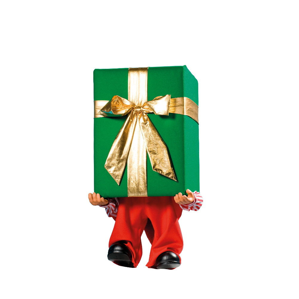 Santa’s helper with present box over his head
