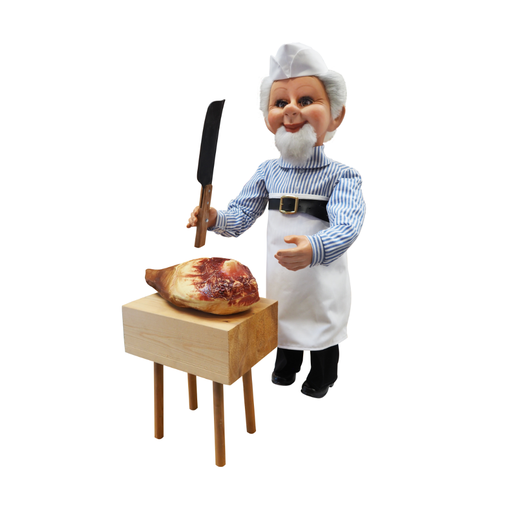 Butcher with axe, chopping block and ham