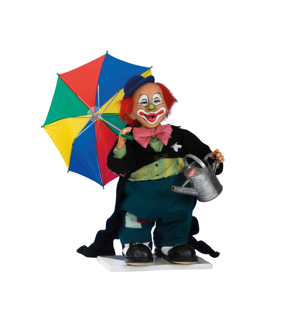 Clown with umbrella and watering can